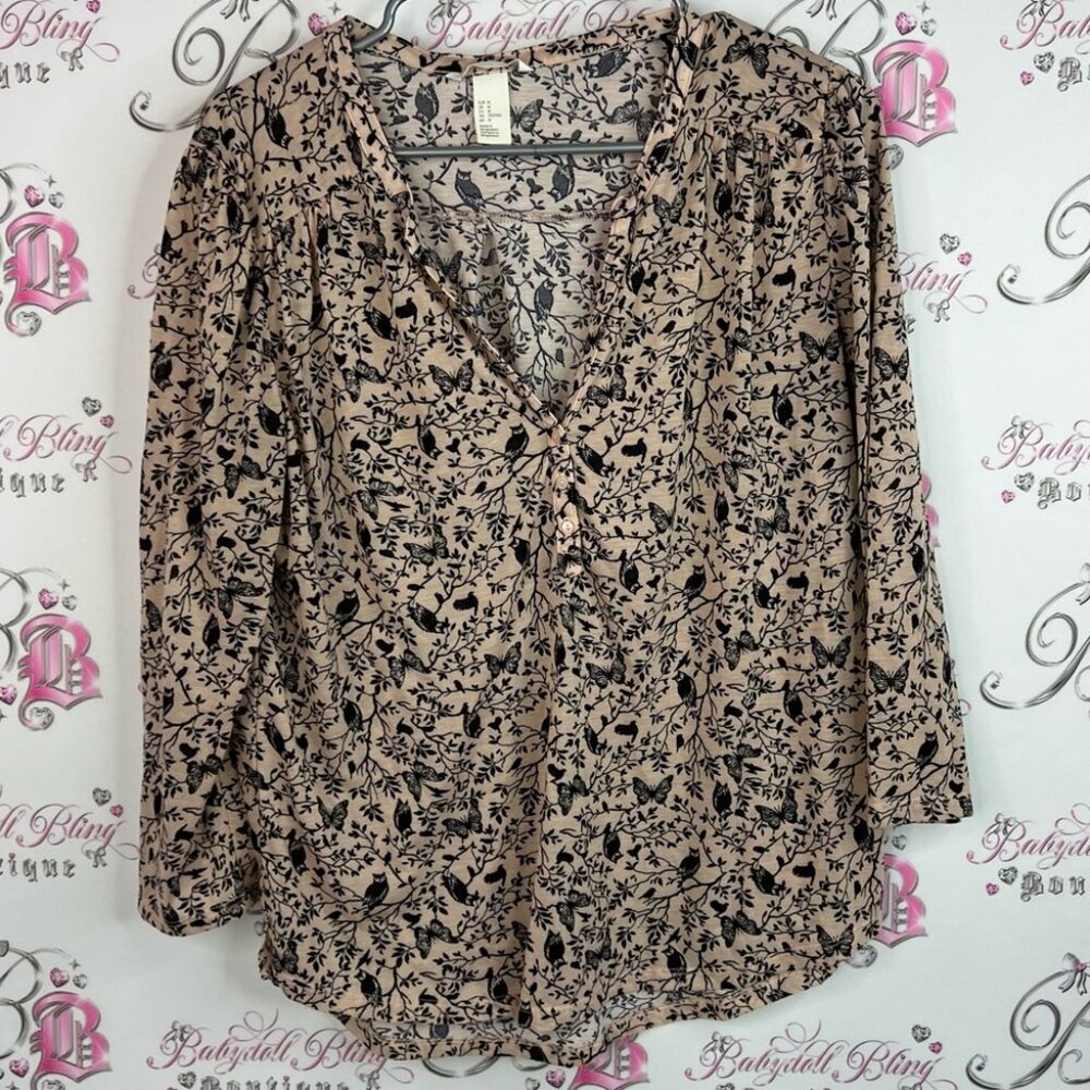 H&M button up long sleeve owls birds butterfly 🦋 Floral Print Women's Top